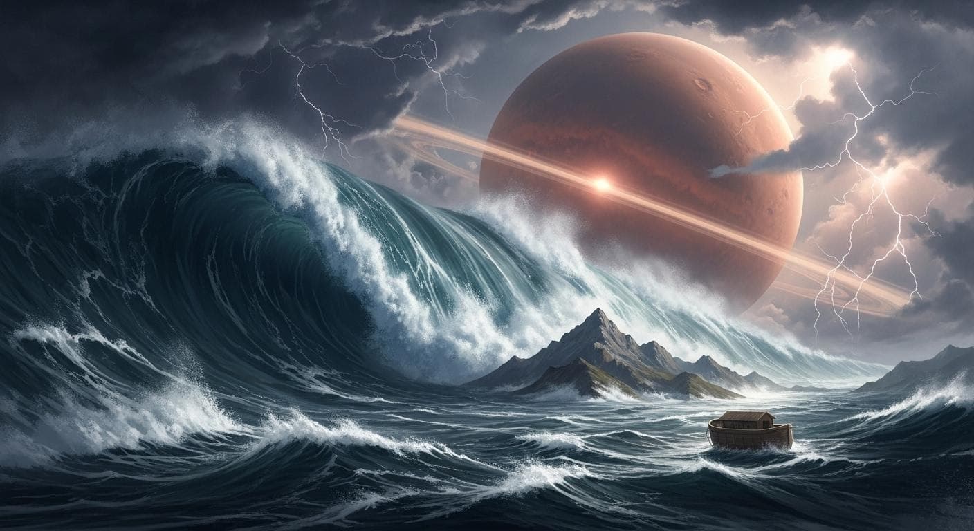 A cataclysmic scene of the Great Flood, with a colossal tidal wave dwarfing mountains, as the massive planet Nibiru looms ominously in the stormy sky above.