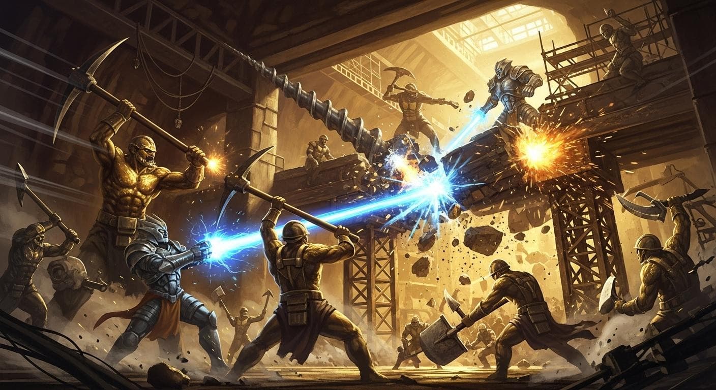 A dramatic scene of rebellion inside a gold mine, as giant Igigi workers use their mining tools as weapons against their technologically superior Anunnaki masters.