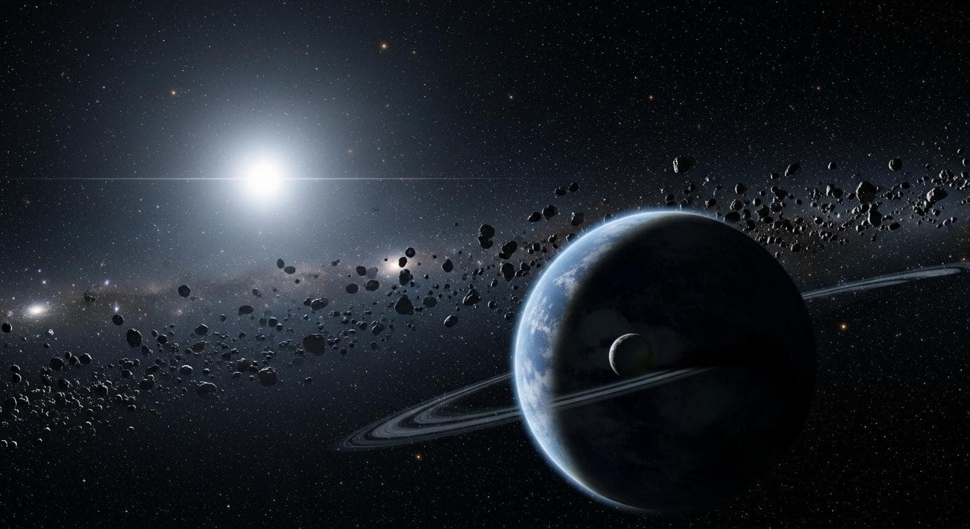 A stunning deep space vista showing the hypothetical Planet 9, a dark, icy gas giant, faintly illuminated by the incredibly distant Sun on the far edge of the solar system.