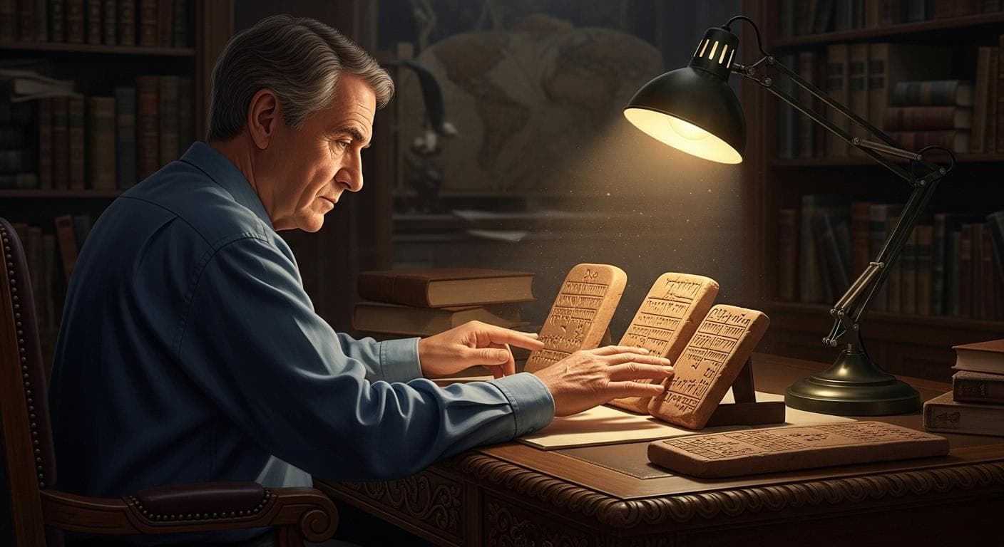A conceptual image of a figure representing Zechariah Sitchin, seen from behind in a dimly lit study, intensely examining ancient Sumerian cuneiform tablets.