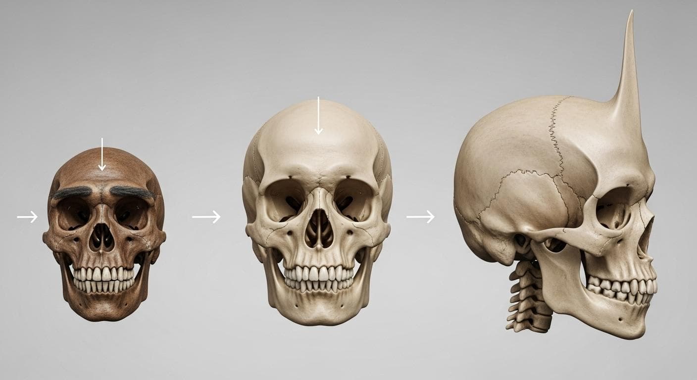 A visual chart comparing a primitive hominid skull, a modern Homo sapiens skull, and a larger, slightly elongated Anunnaki skull, illustrating the supposed evolutionary leap.