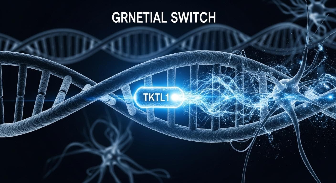 An abstract, conceptual image representing the TKTL1 gene as a glowing blue 'switch' being flipped on within a dark strand of human DNA, unleashing a wave of light representing cognitive potential.