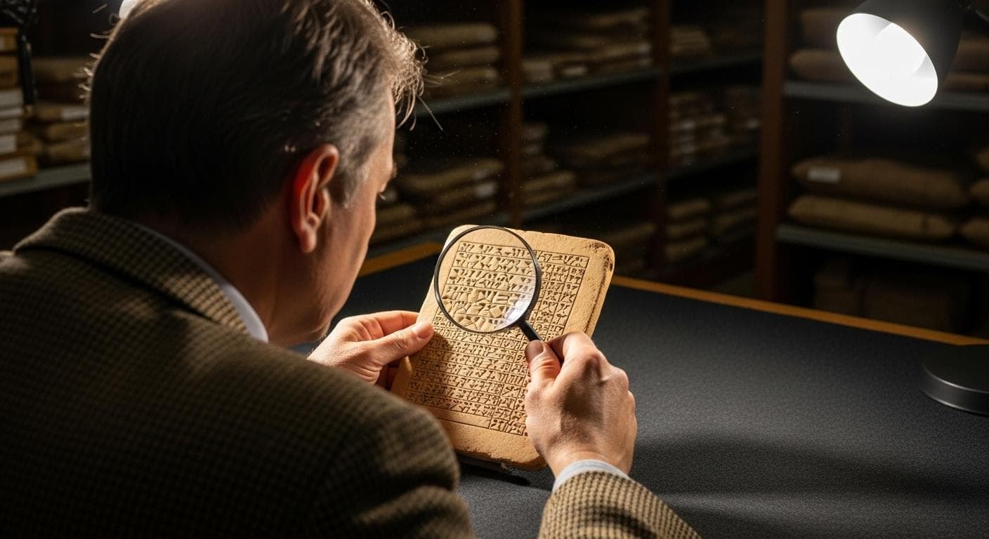 A scholar examining a Sumerian cuneiform tablet, representing the academic analysis of the texts central to the Anunnaki theory.