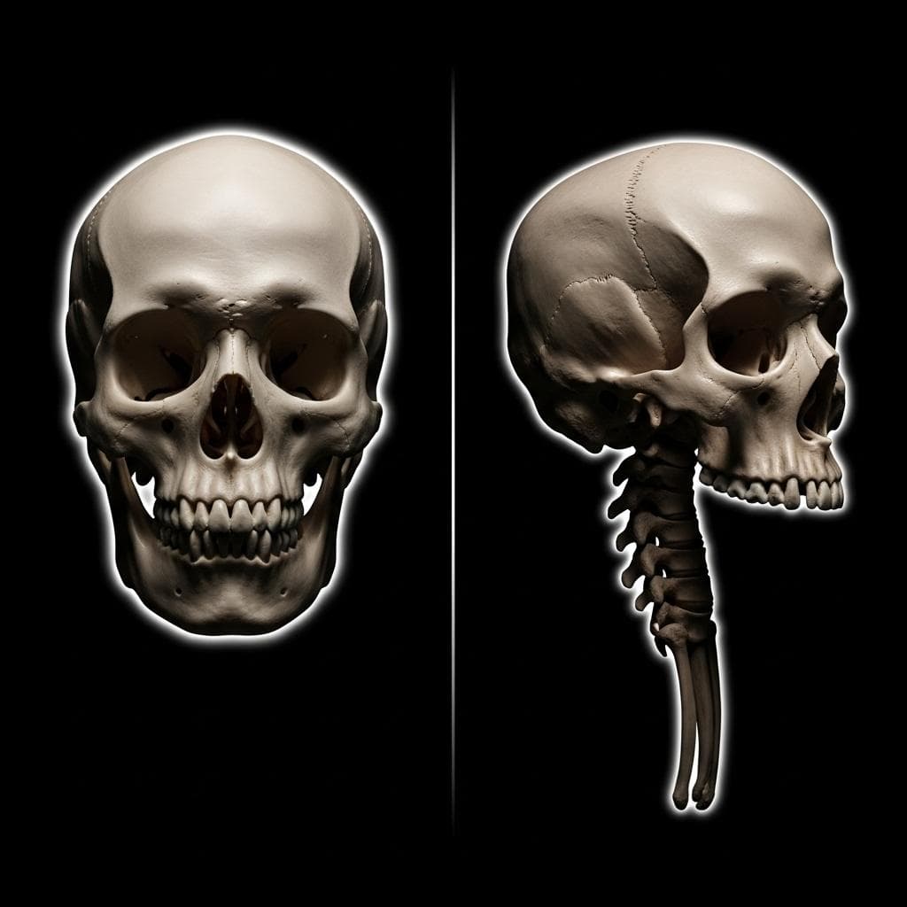 A scientific, high-contrast visual comparing a normal human skull with an artist's rendering of a Paracas elongated skull, emphasizing the dramatic difference in shape and volume.