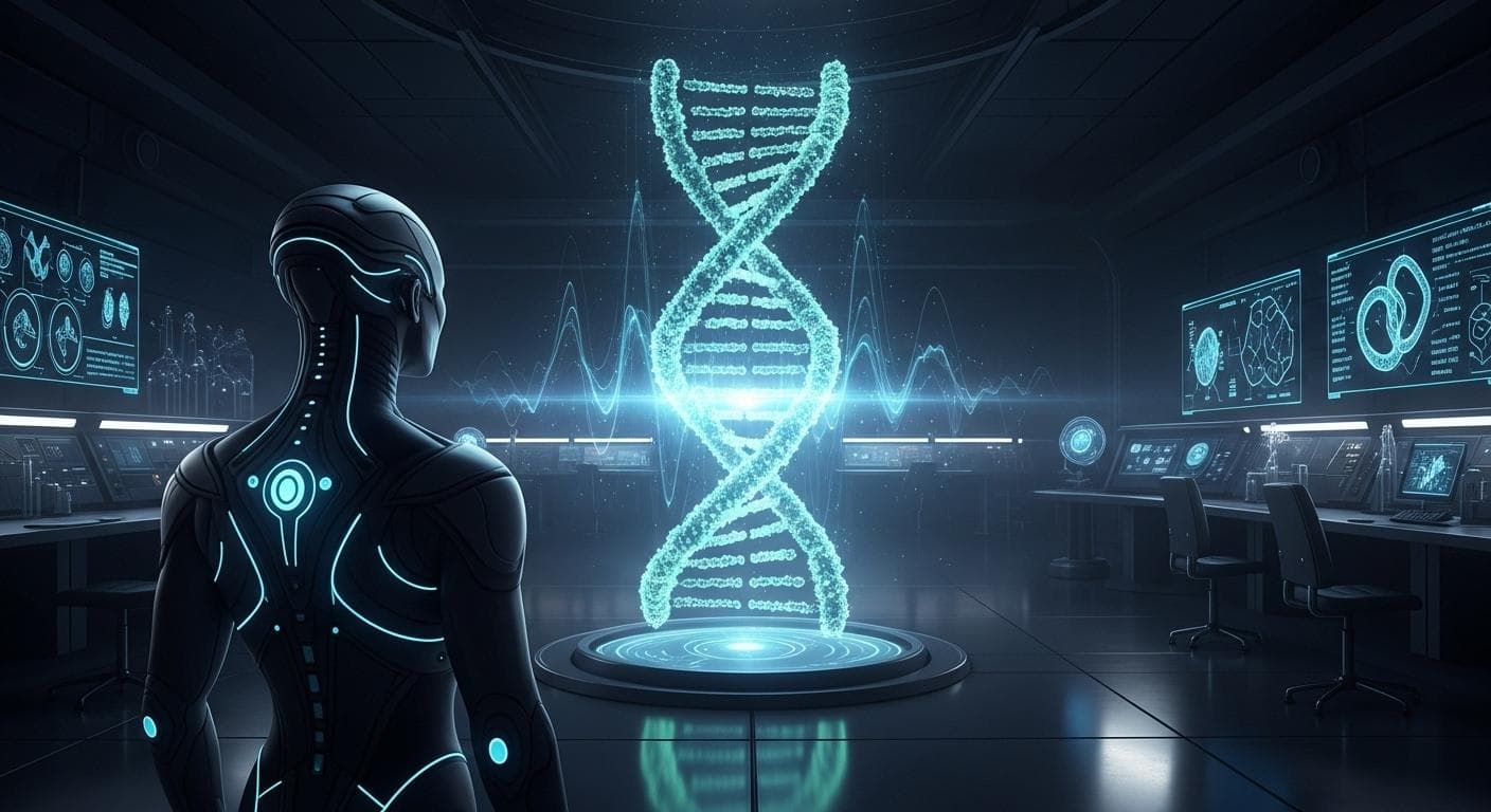 A conceptual image of an advanced alien scientist, seen from behind, observing a glowing, complex double helix of DNA within a futuristic laboratory setting, symbolizing genetic engineering.