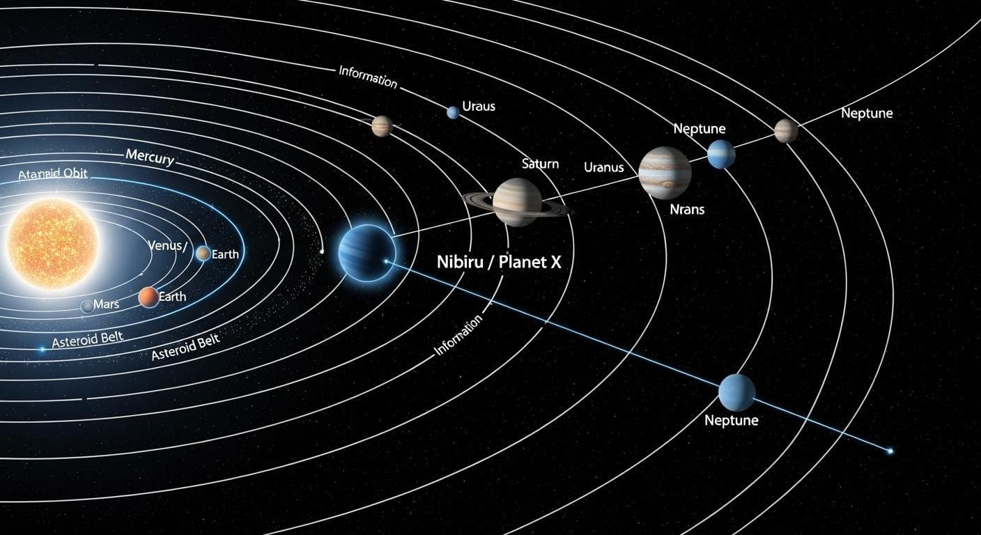 A scientific diagram showing the highly elliptical orbit of a rogue planet, labeled 'Nibiru / Planet X', as it crosses through the inner solar system, contrasting with the more circular orbits of Earth, Mars, and Jupiter.