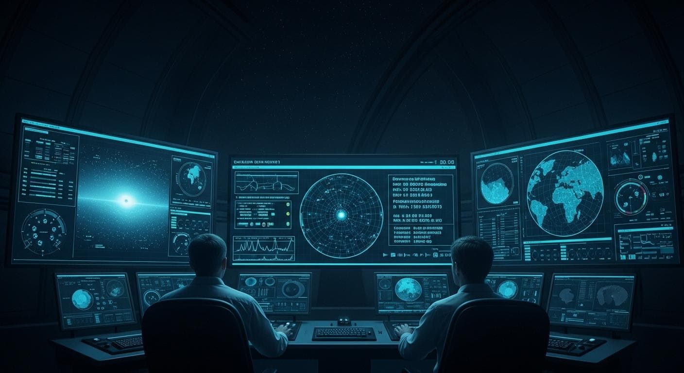 A futuristic control room of a modern astronomical observatory at night, with scientists looking at complex data on large screens that hint at the gravitational pull of an undiscovered planet in the outer solar system.