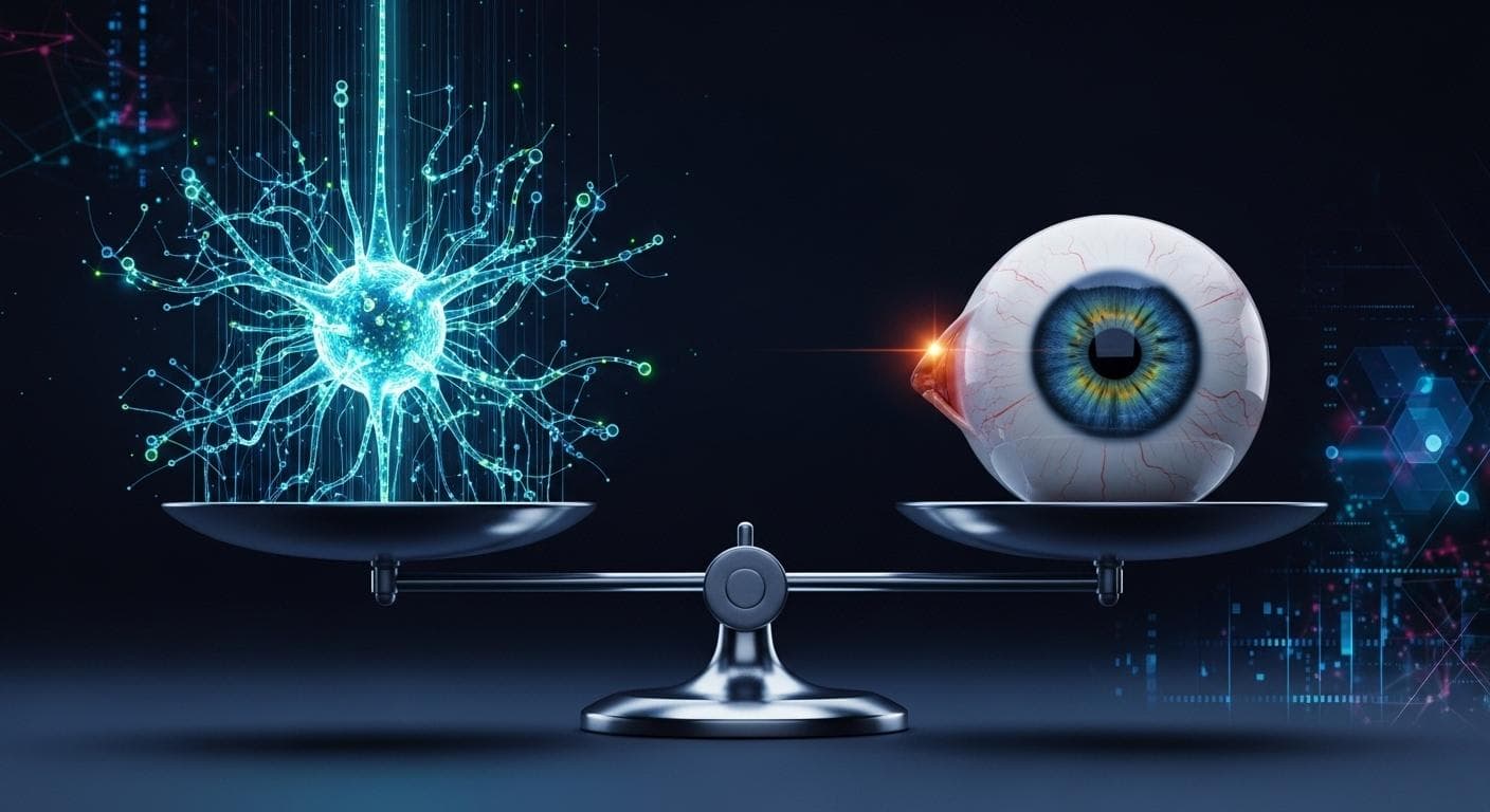 An abstract image of a scale balancing an AI neural network on one side and a human eye on the other, symbolizing the need for human oversight in AI-driven testing.