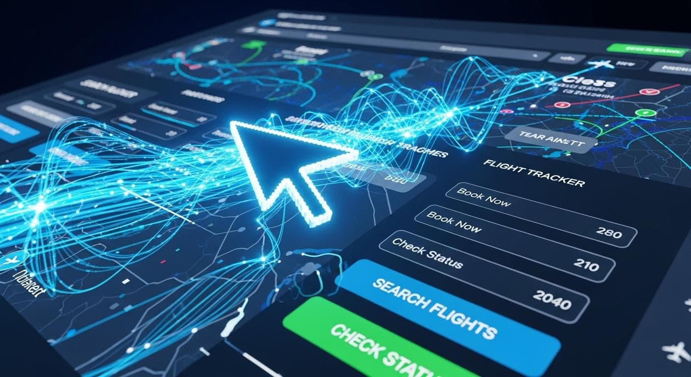 A cinematic action shot of a glowing blue AI cursor autonomously testing a flight tracker website inside a browser, with motion blur effects indicating speed and intelligence.