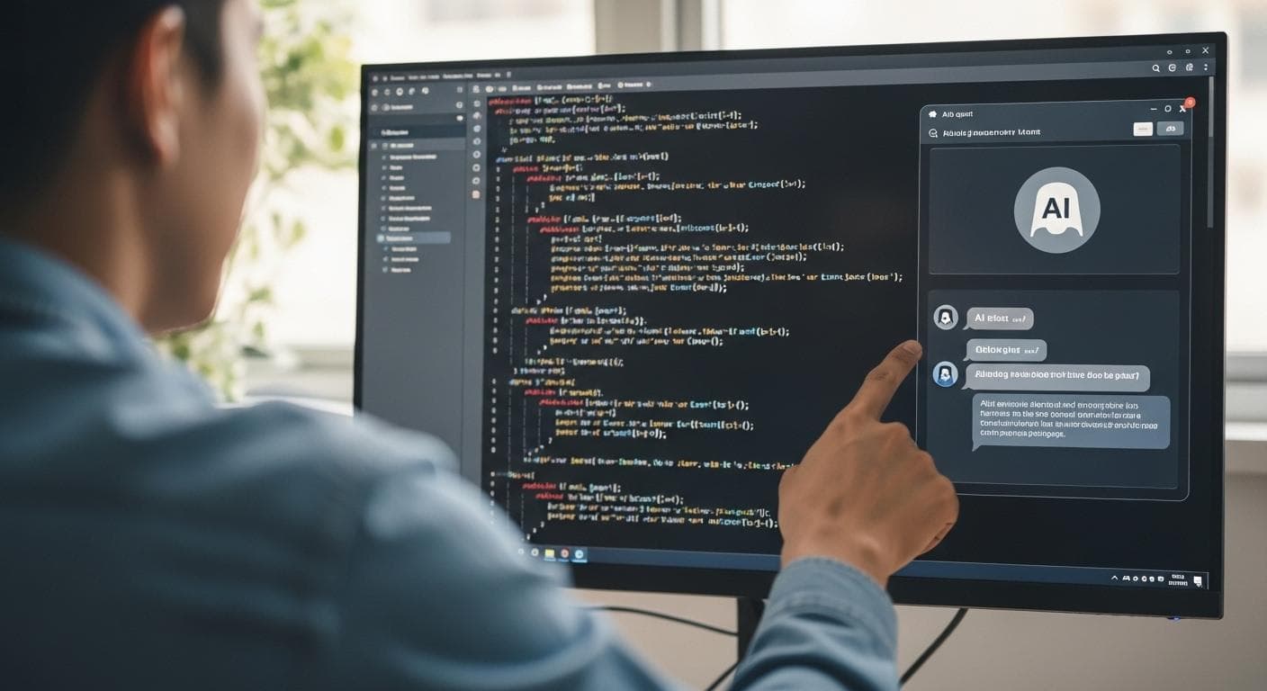 A software developer, seen from over the shoulder, collaborating with an AI agent on a large monitor that displays both code and a conversational interface.