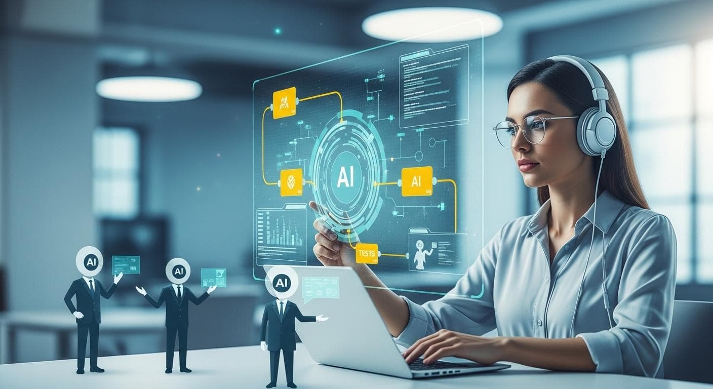 A symbolic image of a QA engineer architecting a high-level test strategy on a large transparent screen, with AI agents executing the tests in the background.