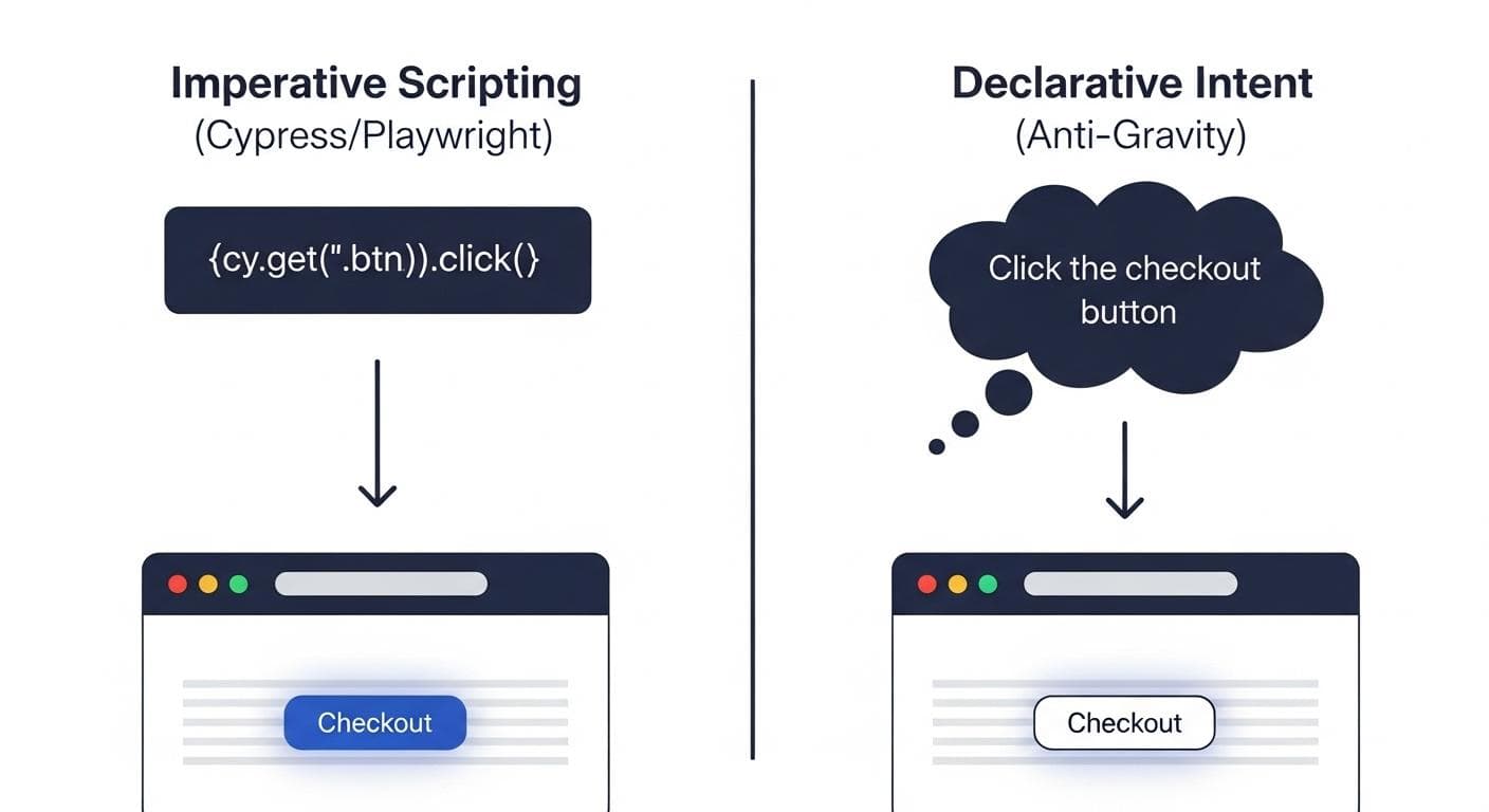 A diagram comparing imperative scripting like Cypress, which uses specific code selectors, to declarative intent used by Anti-Gravity, which uses natural language commands.