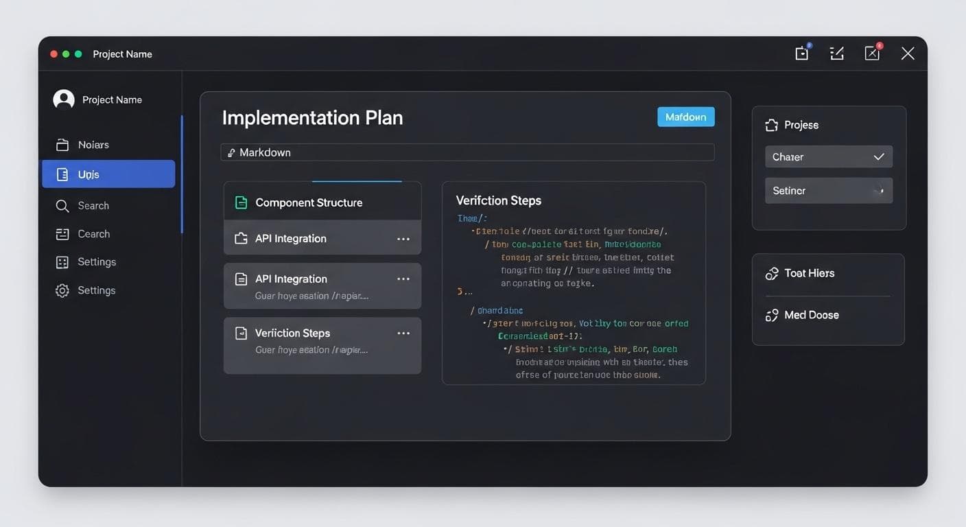 A futuristic UI mockup of a developer tool showing an 'Implementation Plan' artifact with clear sections for component structure and verification steps.