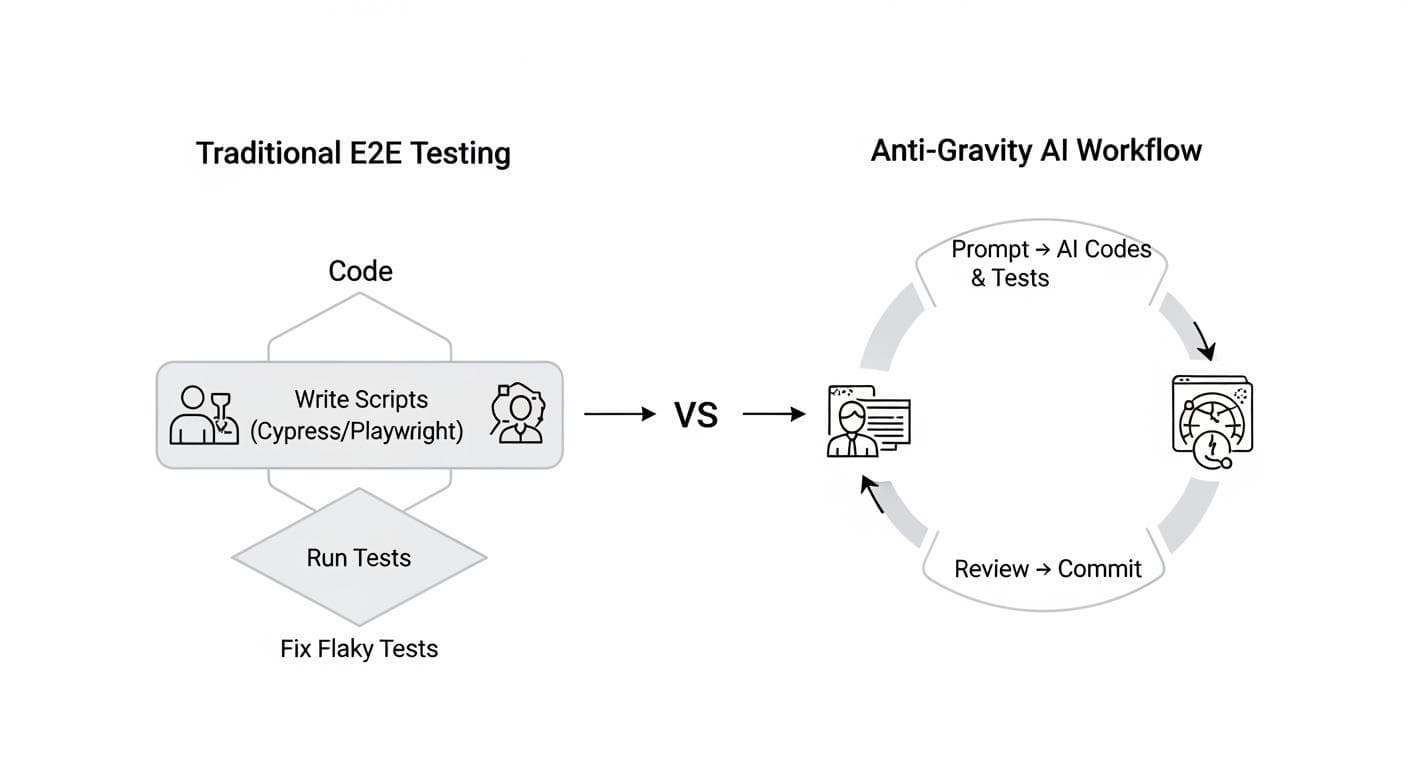 A clean infographic comparing the linear, siloed steps of 'Traditional E2E Testing' with the integrated, circular workflow of the 'Anti-Gravity AI Workflow'.