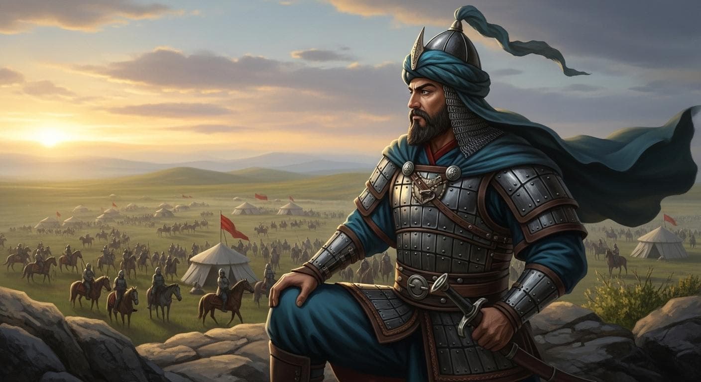 A powerful Seljuk sultan stands on a rocky outcrop at dawn, his silhouette framed by the rising sun, overlooking a vast encampment of nomadic cavalry tents and horses.