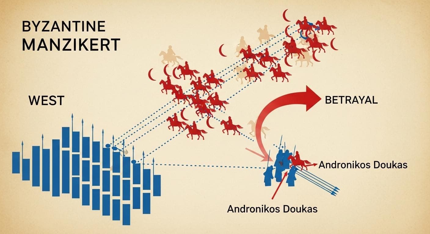 A stylized medieval battle map showing the Byzantine army (blue rectangles) being lured forward by the feigned retreat of the Seljuk cavalry (red crescents), with a clear arrow indicating the betrayal and withdrawal of the Byzantine rear guard.