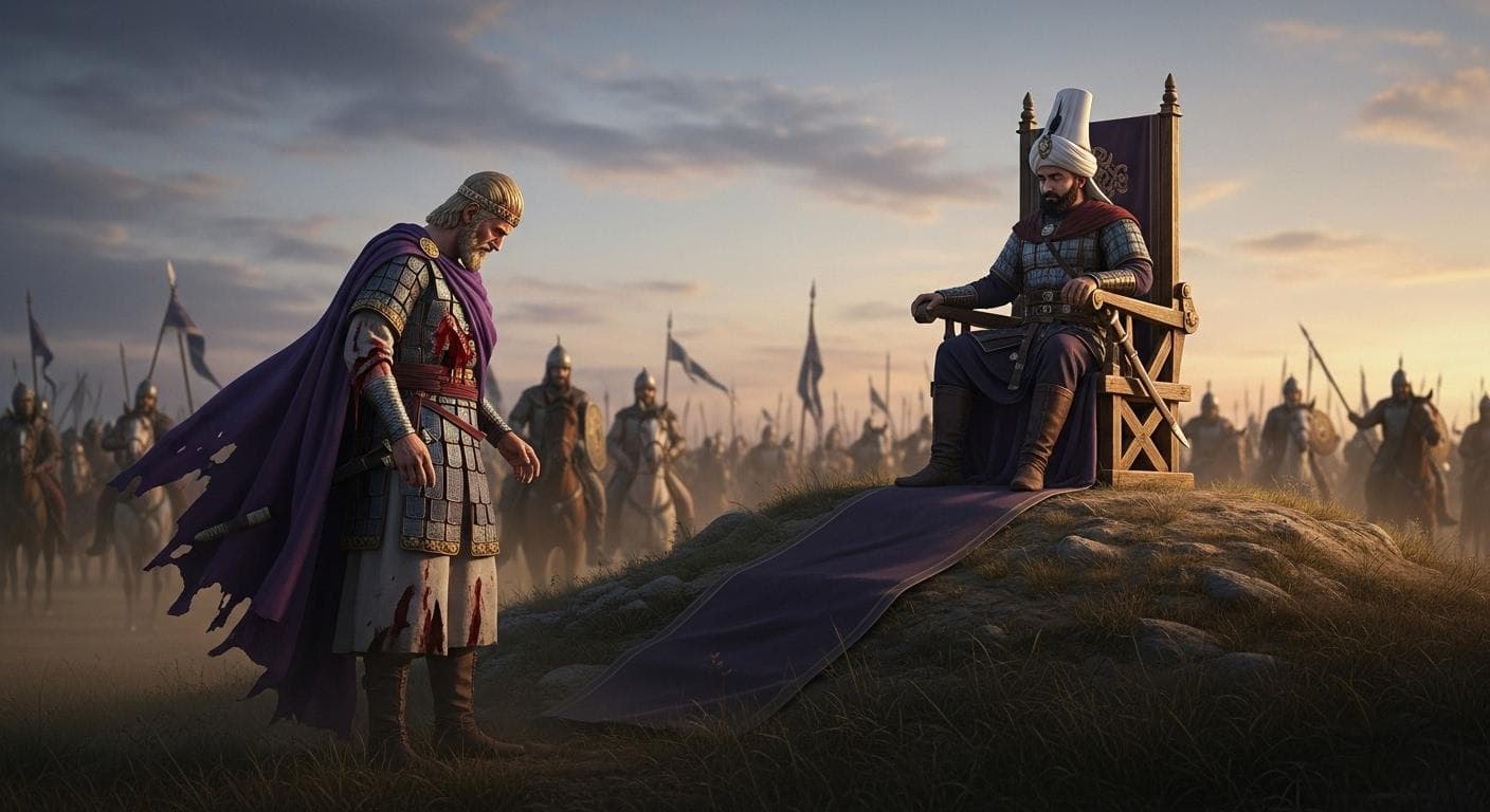 A cinematic scene showing a wounded and defiant Byzantine emperor in regal but tattered armor being presented to a victorious Seljuk sultan seated on a simple campaign throne, surrounded by his victorious horsemen.
