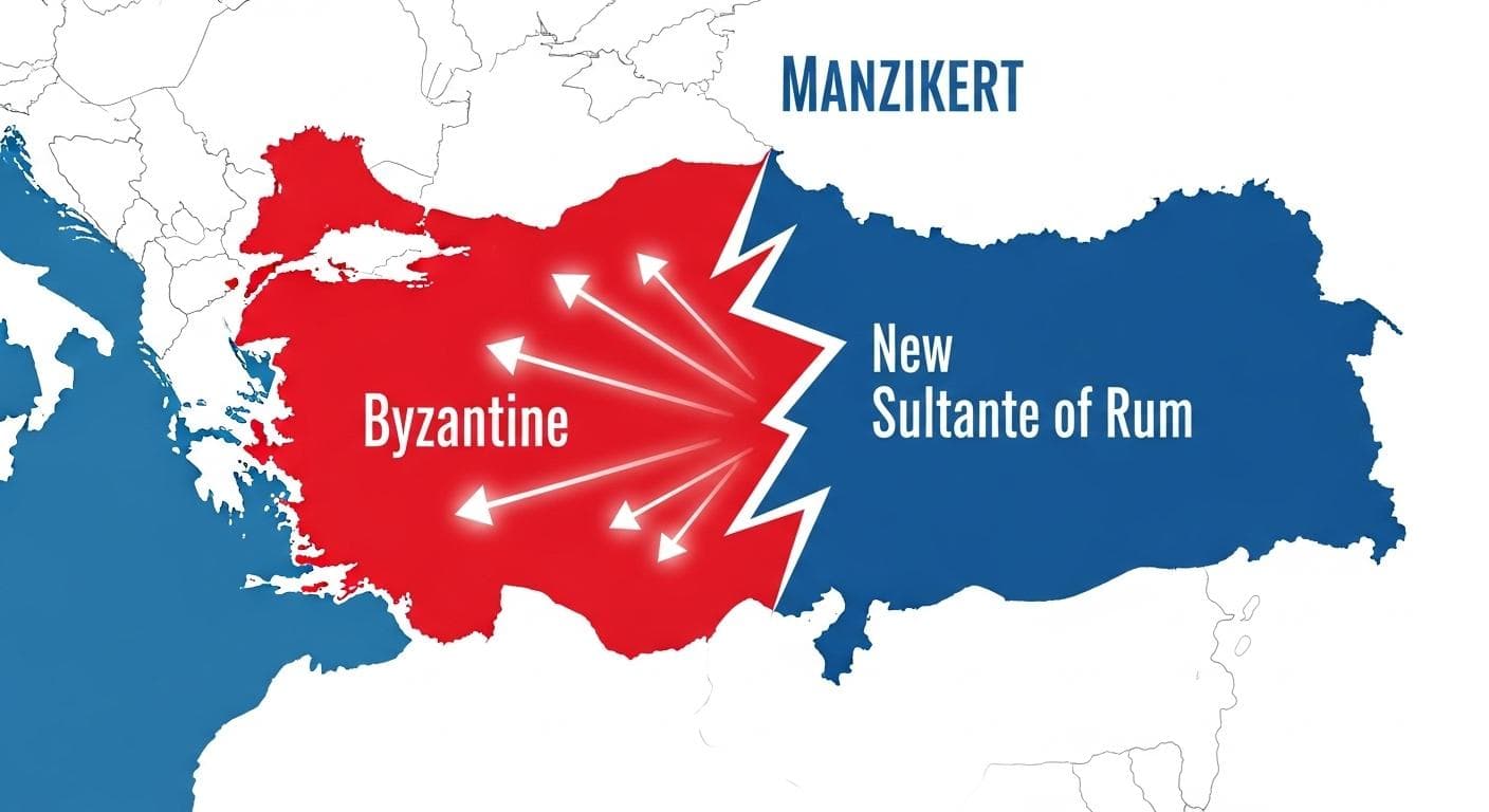 A dynamic map of Anatolia, showing the region changing color from Byzantine crimson to Seljuk blue, with illuminated arrows originating from Constantinople and pointing west, symbolizing a call for help.