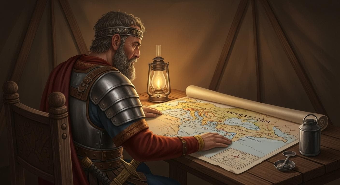A thoughtful Byzantine emperor, seen from behind in his campaign tent, looks over a detailed map of Anatolia illuminated by candlelight, his armor glinting softly.