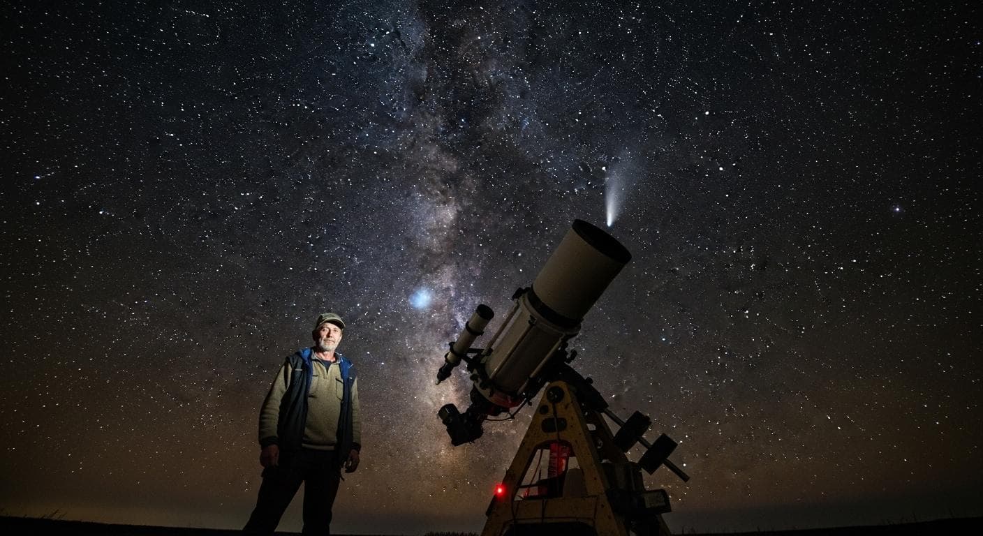 A conceptual image of a lone amateur astronomer on a clear night, looking through a powerful personal telescope at a vast, starry sky, symbolizing the moment of discovery.