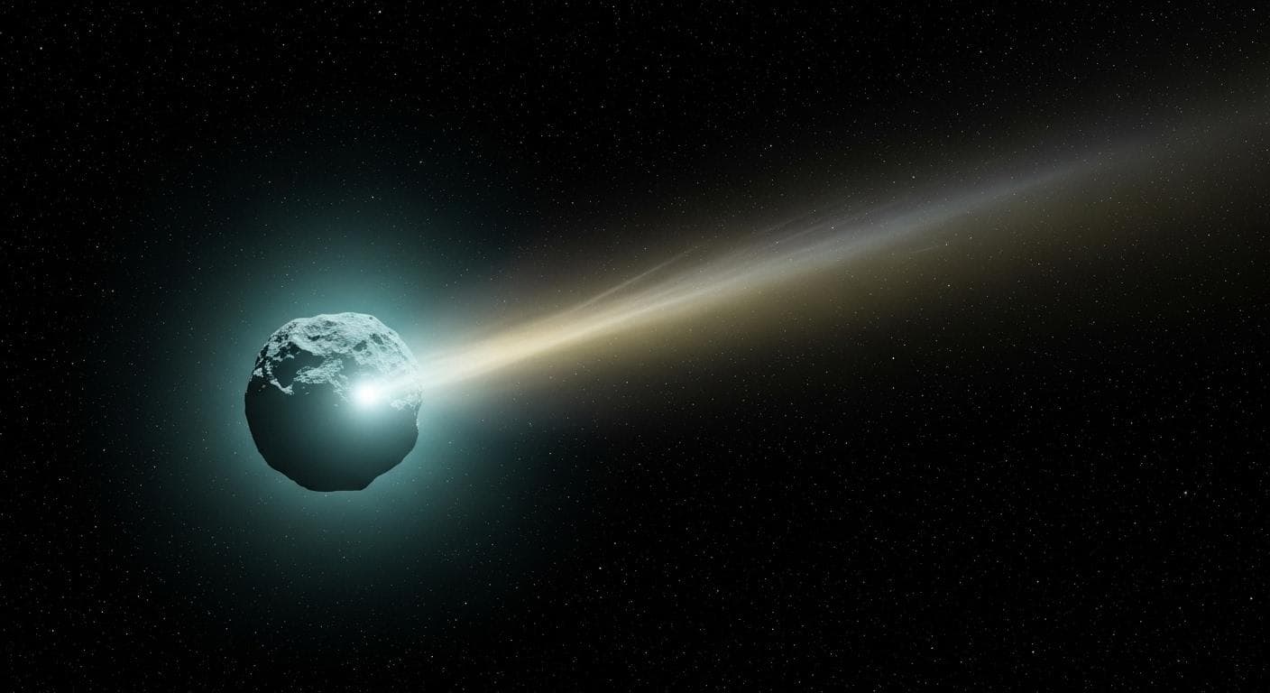 A beautiful, scientifically accurate rendering of the interstellar comet 2I/Borisov, showing its glowing blueish coma and a long, faint dust tail stretching out against the blackness of deep space, dotted with distant stars.