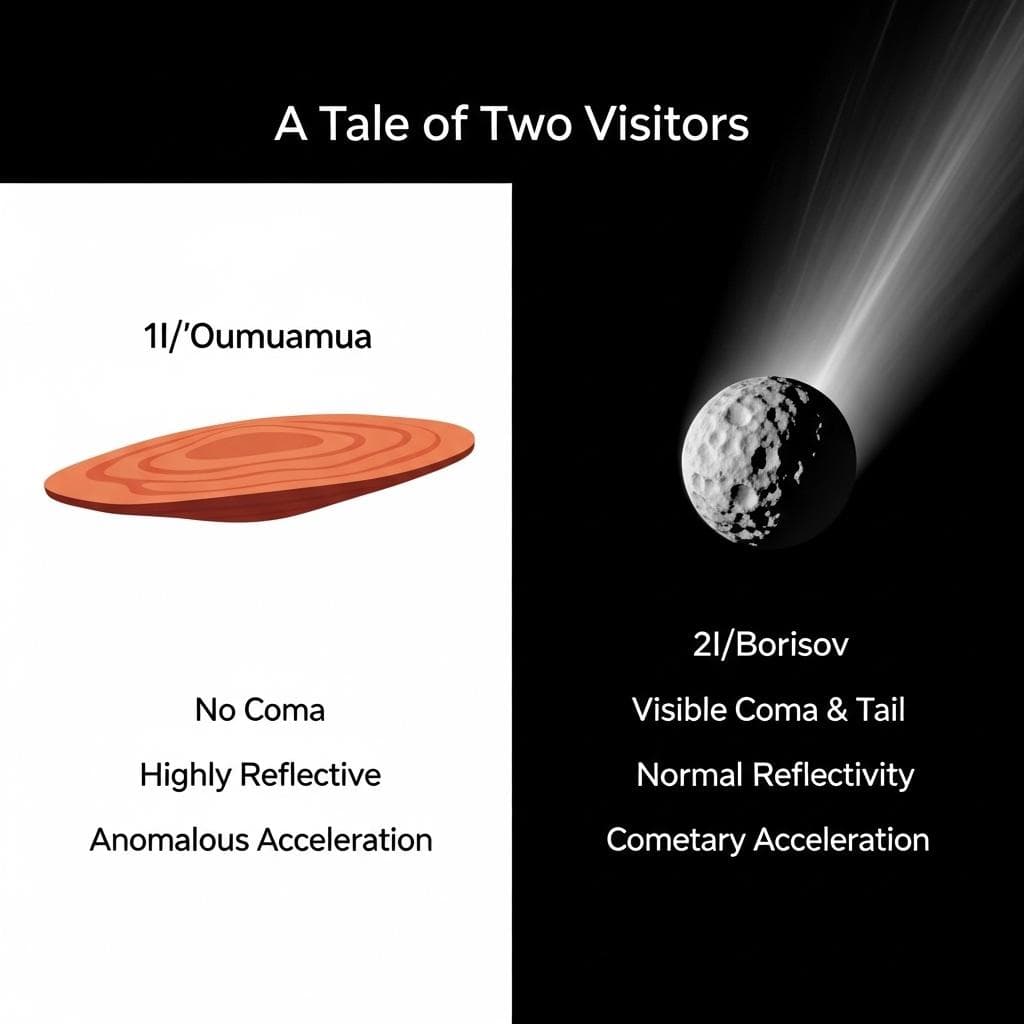 A simple, clean infographic comparing 1I/‘Oumuamua on the left (depicted as a reddish, flat, tumbling object) and 2I/Borisov on the right (depicted as a classic comet with a blueish coma and tail), with text labels highlighting key differences like 'No Coma' vs. 'Visible Coma' and 'Anomalous Acceleration' vs. 'Cometary Acceleration'.