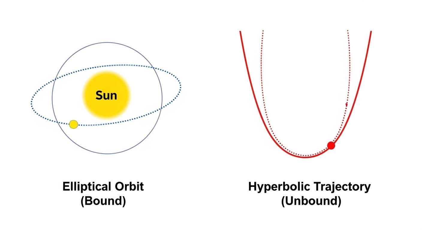 A diagram illustrating the difference between a bound, elliptical orbit (like a planet) and an unbound, hyperbolic trajectory of an interstellar object passing through the solar system.