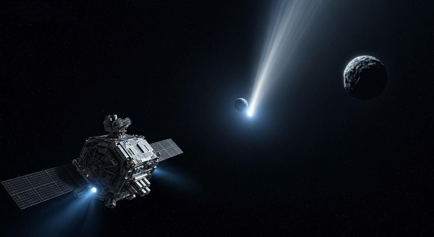 A sleek, futuristic space probe, reminiscent of concepts for Project Lyra, maneuvering in deep space as it approaches a mysterious, rocky interstellar object. Earth and the Sun are tiny, distant points of light in the background.