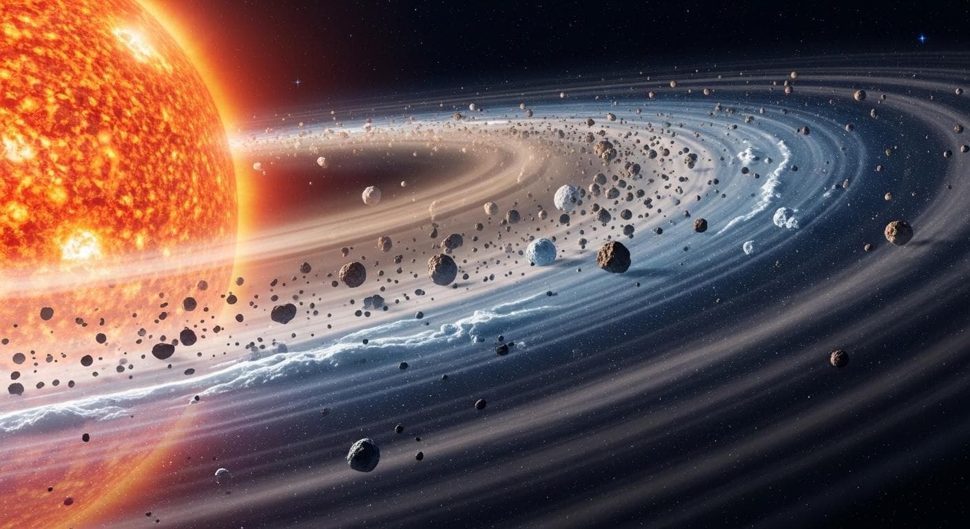 A stunning, artistic rendering of a vast protoplanetary disk of gas and dust swirling around a young, bright star. Small planetesimals can be seen forming within the disk, representing the birthplace of comets and other interstellar objects.