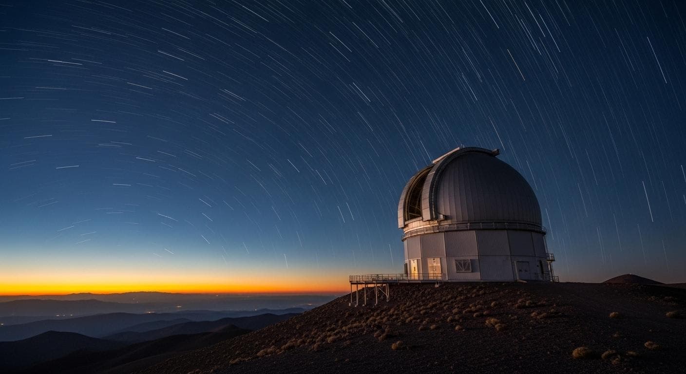 The futuristic dome of the Vera C. Rubin Observatory at sunset on a remote mountaintop. The sky above is filled with the first stars, and long-exposure light trails suggest the telescope's rapid, continuous scanning of the heavens.