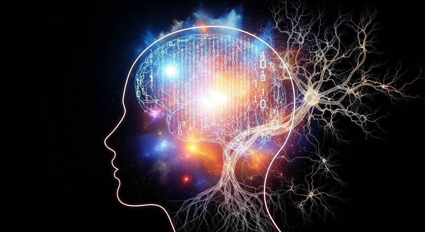 An abstract, artistic representation of consciousness. A silhouette of a human head is filled with a swirling nebula of both digital code (glowing 0s and 1s) and organic, neural networks, blending the biological with the digital.