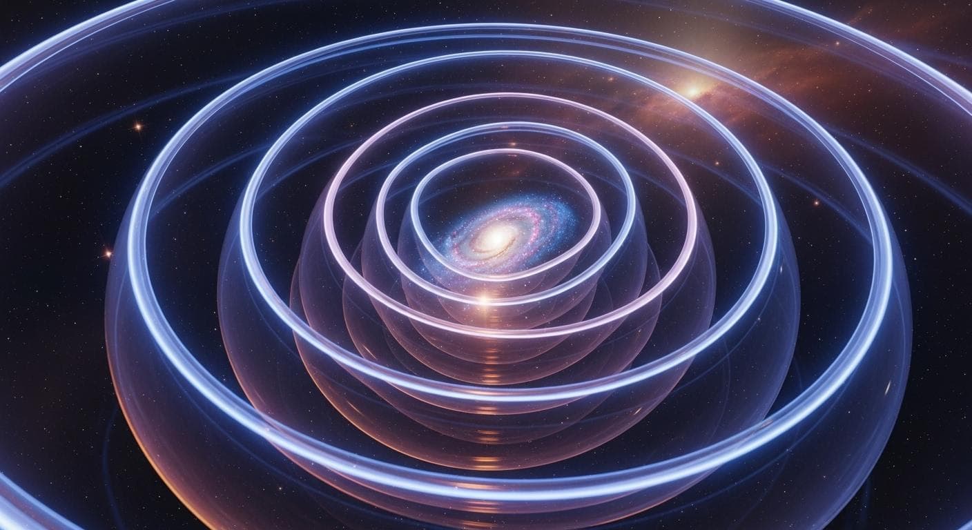 An abstract visual representation of nested realities, like a series of glowing, translucent spheres one inside the other, creating an infinite regression effect. The innermost sphere contains a faint galaxy.