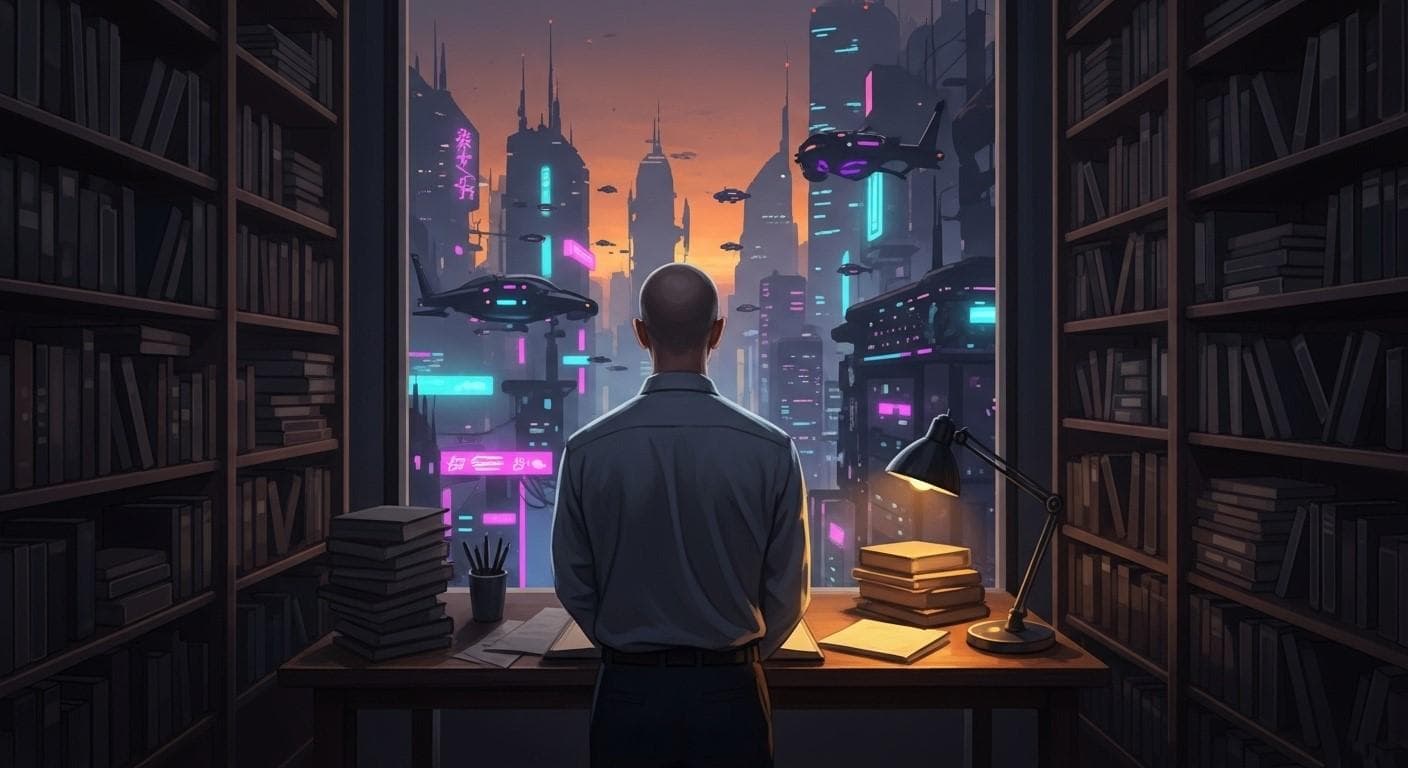 A thoughtful philosopher, seen from behind, looking out a large window at a futuristic cityscape at dusk, deep in contemplation.