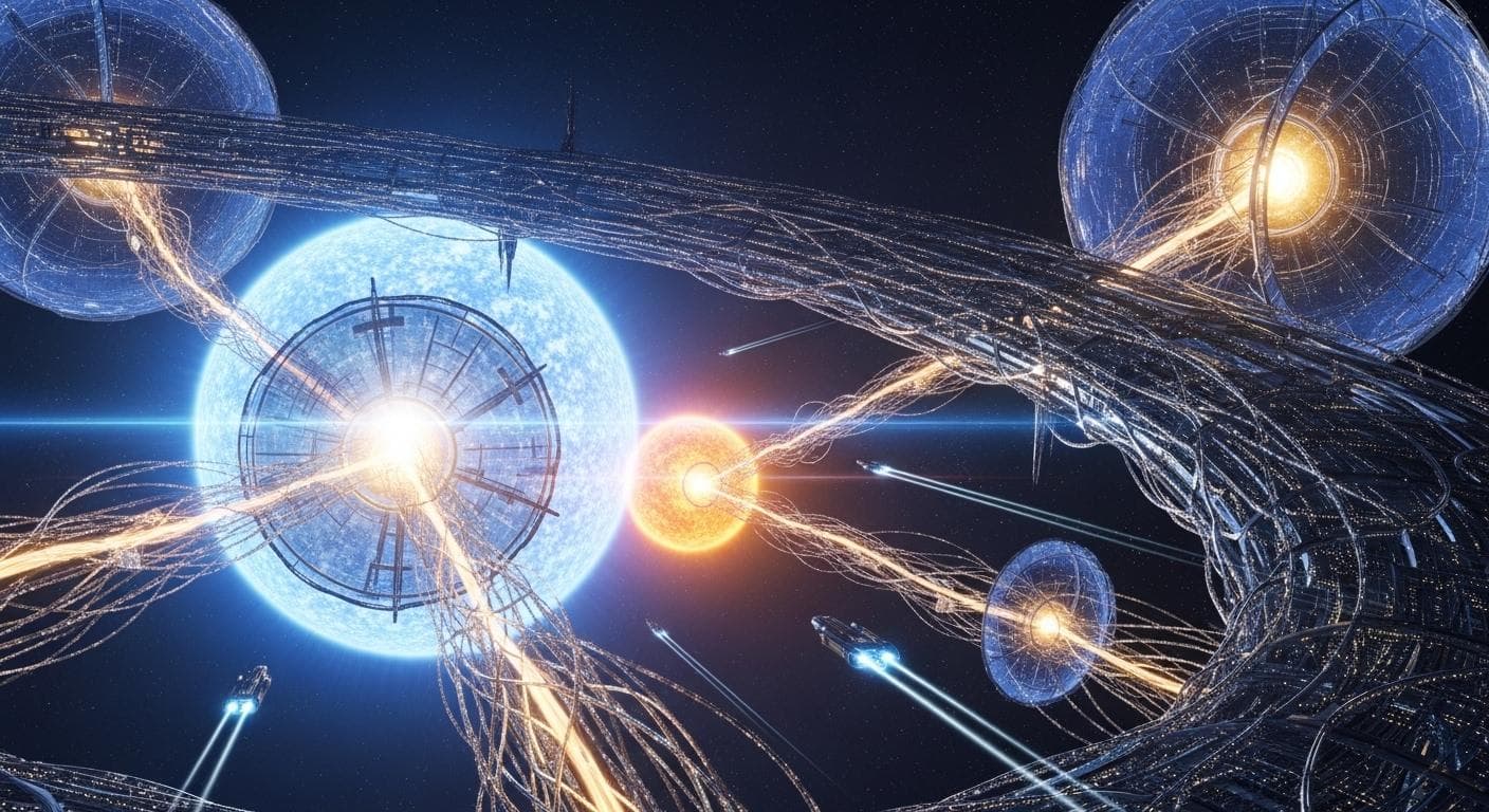 A grand, cosmic scene depicting a technologically advanced posthuman civilization, with ethereal structures built around a star system, harnessing energy with glowing filaments. The aesthetic is elegant and awe-inspiring, not dystopian.