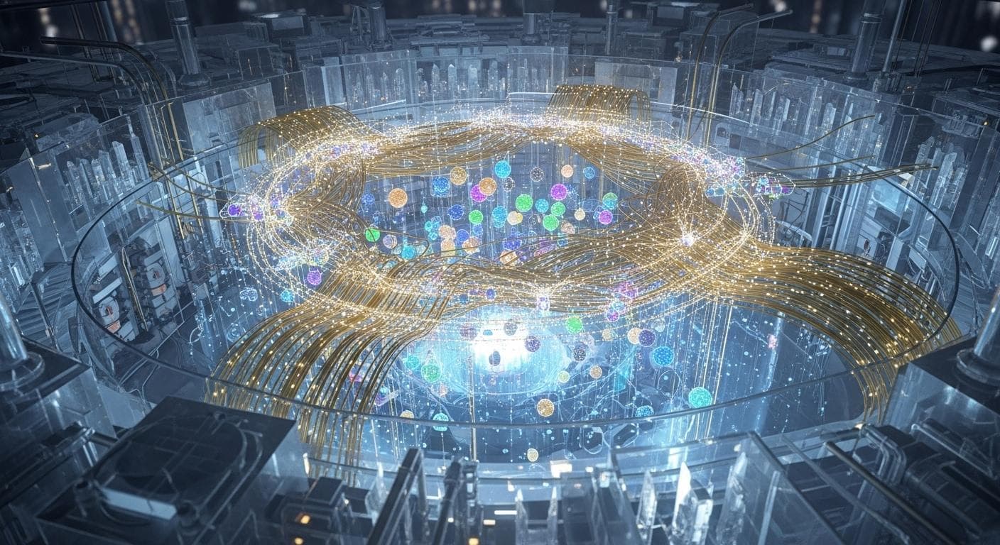 A futuristic, conceptual image of a massive quantum supercomputer. Glowing qubits are suspended in a complex cryogenic chamber, with light tracing complex computational paths through intricate golden wiring.