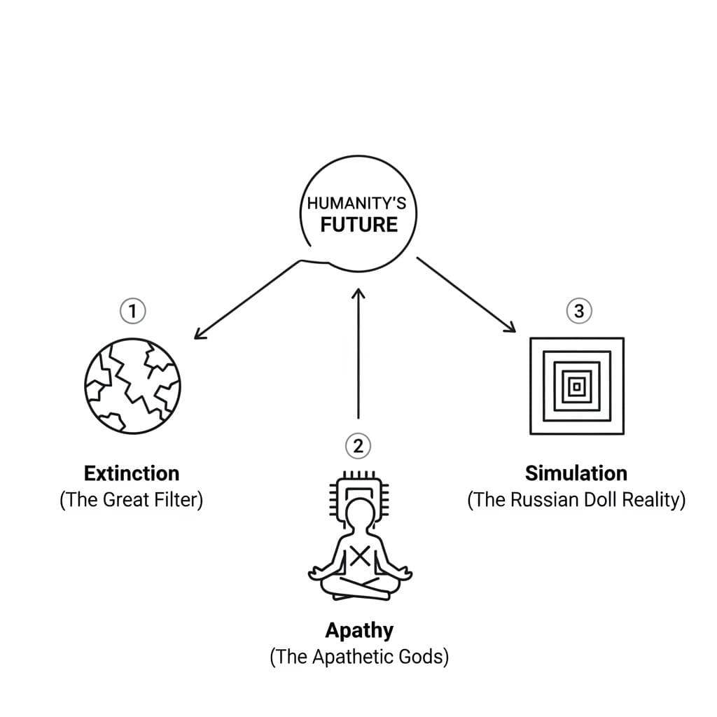 A clean, minimalist diagram showing a central point labeled 'Humanity's Future' branching into three distinct paths, each labeled: '1. Extinction (The Great Filter)', '2. Apathy (The Apathetic Gods)', and '3. Simulation (The Russian Doll Reality)'.