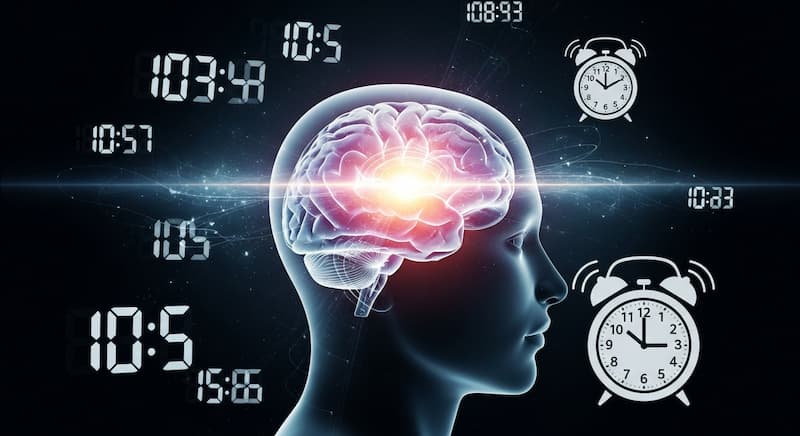 A conceptual image of a glowing brain surrounded by blurry alarm clocks and focused on a sharp, prominent clock.