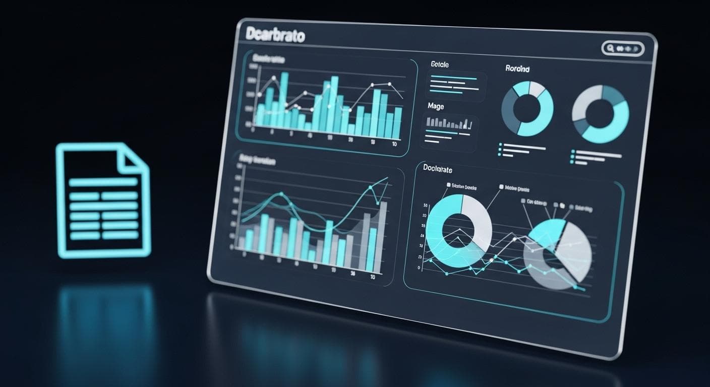A stunning, futuristic interactive data dashboard with glowing charts and animated graphs, conceptually born from a simple spreadsheet icon, showcasing the transformation from static data to dynamic visualization.