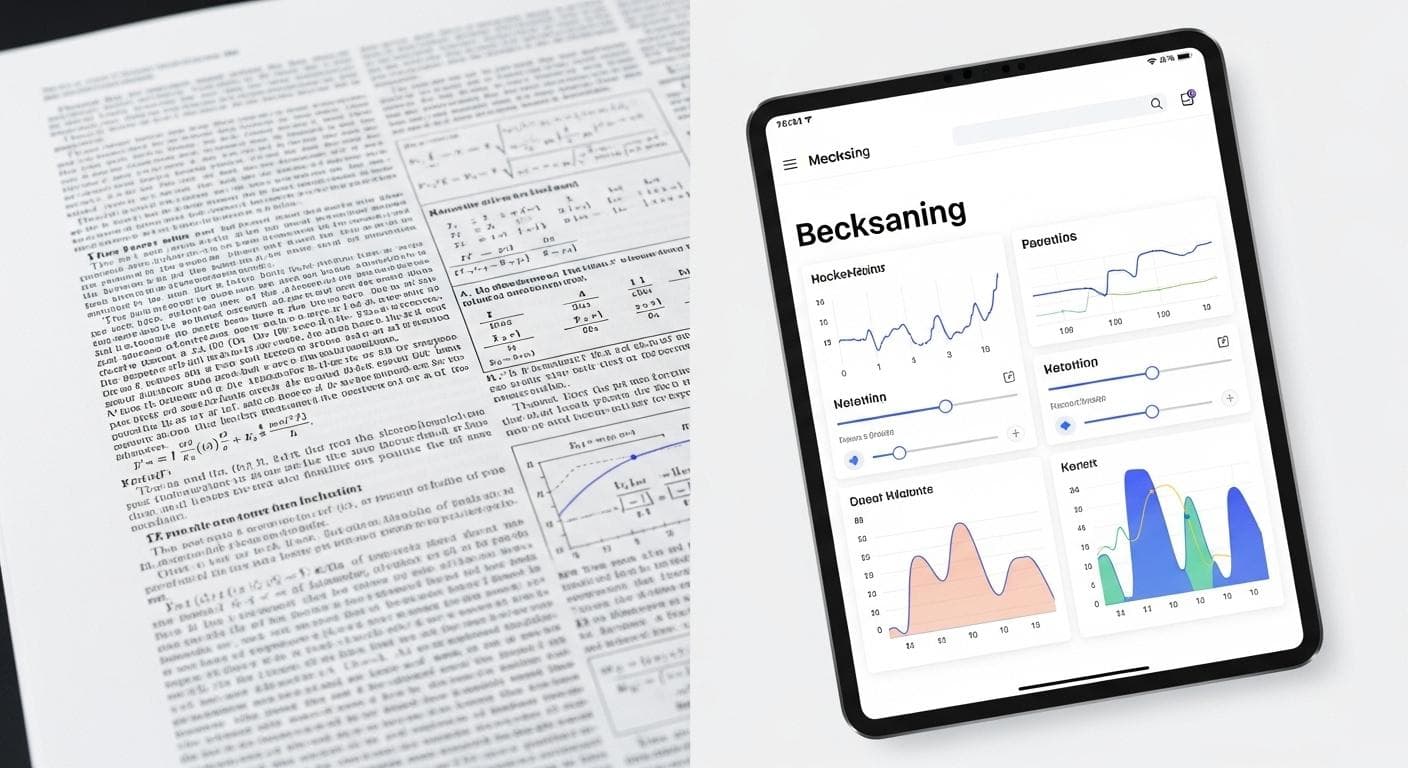A side-by-side comparison showing a dense technical PDF on the left and a clean, interactive web interface with sliders and visualizations on the right, representing the conversion of a static document into an explorable guide.