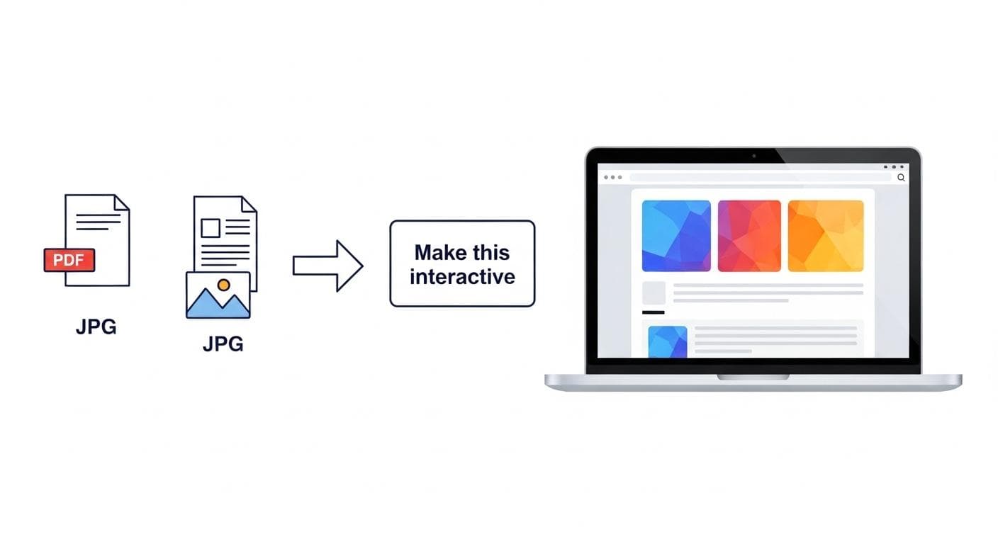 A diagram showing a static asset like a PDF on the left, an arrow pointing to a simple text prompt in the center, and a fully functional interactive web application on the right, illustrating the one-shot creation process with Gemini 3.