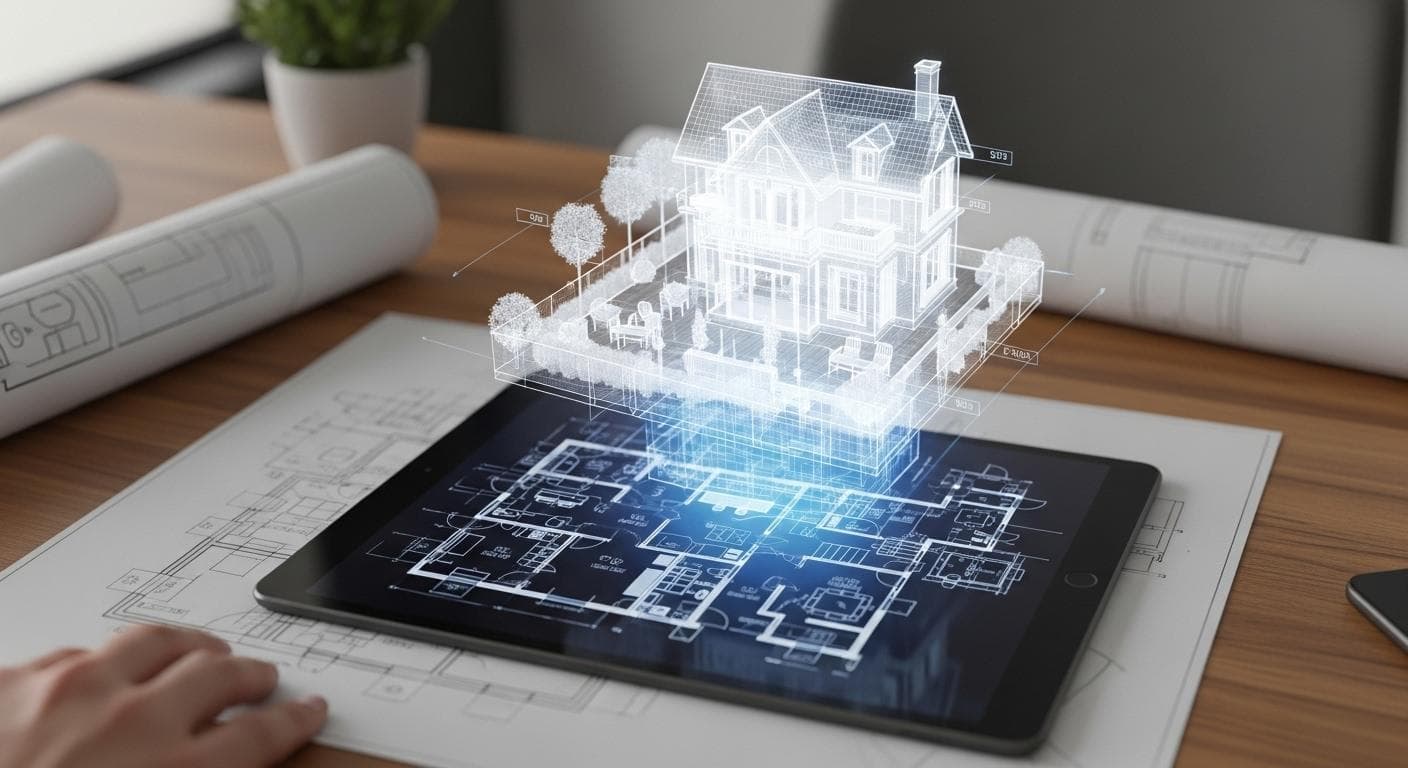 A 2D architectural floor plan is displayed on a tablet, with a detailed, holographic 3D model of the building rising from the screen, showcasing a realistic rendering using 3JS technology.