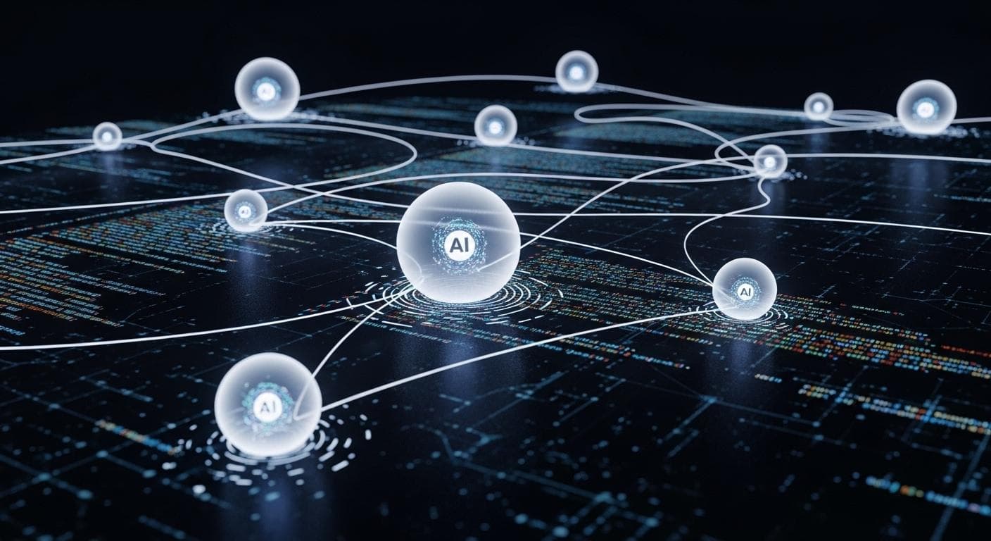 A conceptual visualization of the Anti-gravity IDE, where multiple AI agents are represented as glowing orbs of light, working in parallel on different sections of a complex software architecture.