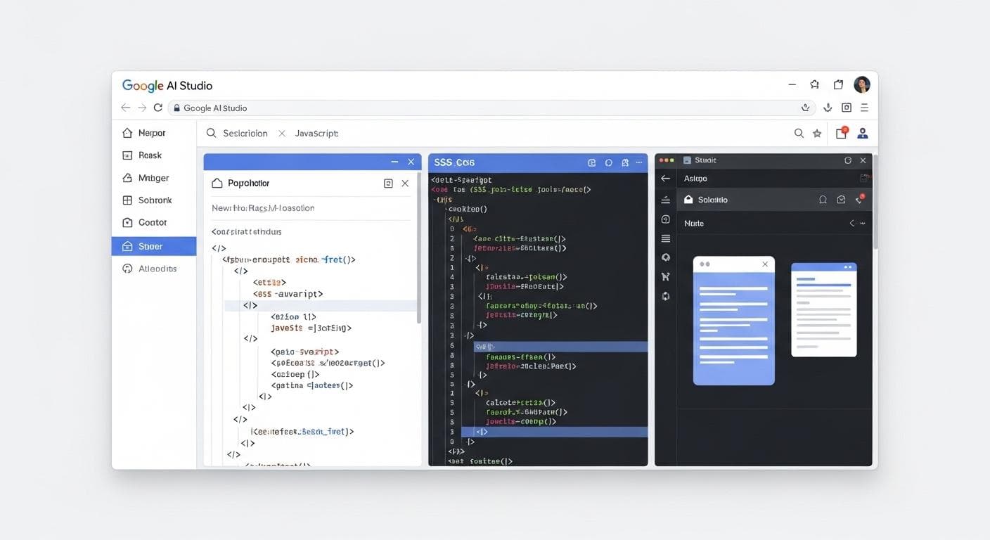 A clean, modern interface of Google AI Studio, showcasing a developer typing a prompt on the left, with code being generated in real-time in the center, and a live preview of the interactive app on the right.