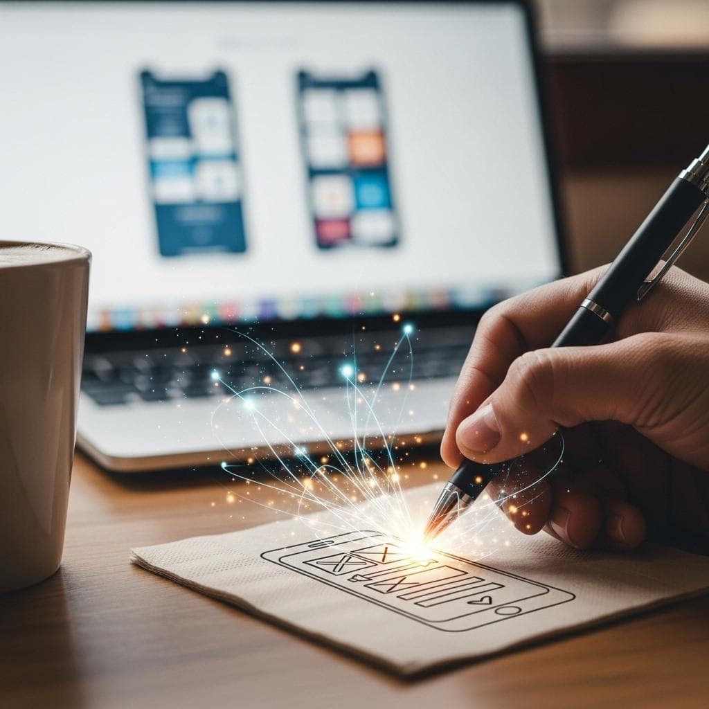 A close-up shot of a hand drawing a UI wireframe on a napkin, with glowing digital lines emanating from the pen, seamlessly transforming into a polished application interface on a futuristic transparent screen.