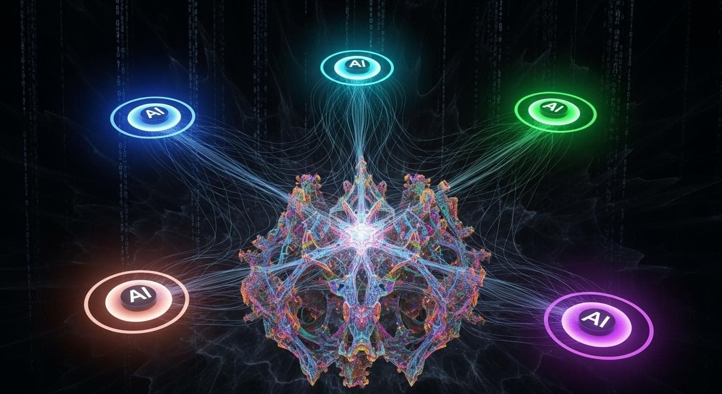 An abstract image representing multiple AI agents as glowing nodes of light, collaborating to build a complex 3D structure.
