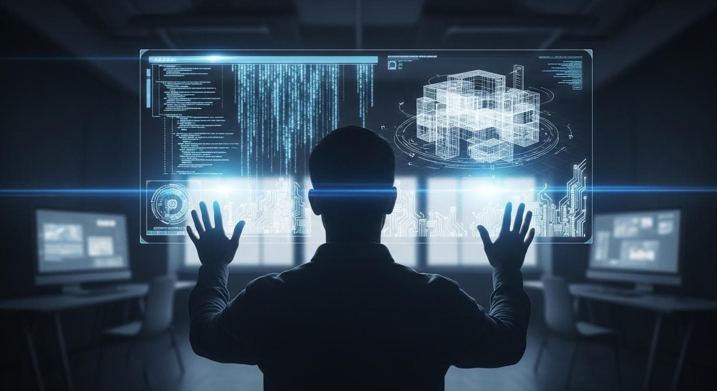 A conceptual image of a developer interacting with a floating, holographic user interface displaying code and 3D models.