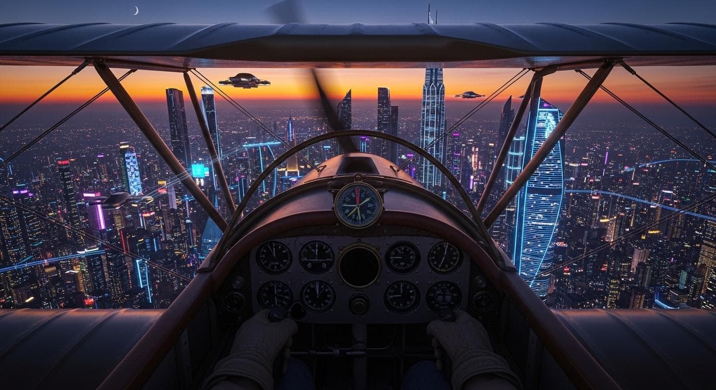 A cinematic view from a biplane cockpit, flying over a stylized cityscape at dusk, showcasing the potential for a complex 3D flight simulator.