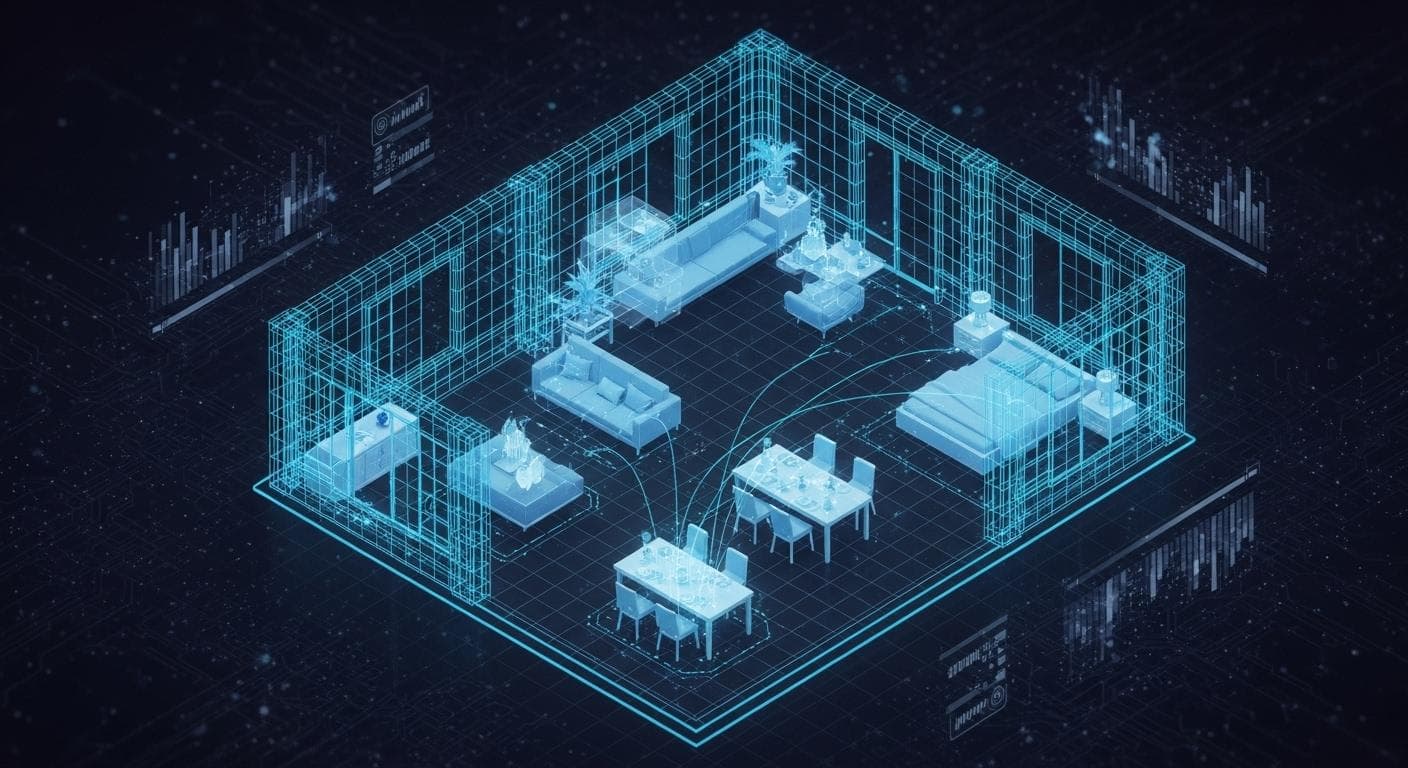 A futuristic visualization of a 3D floor plan with glowing blue wireframe walls and holographic furniture being placed inside.
