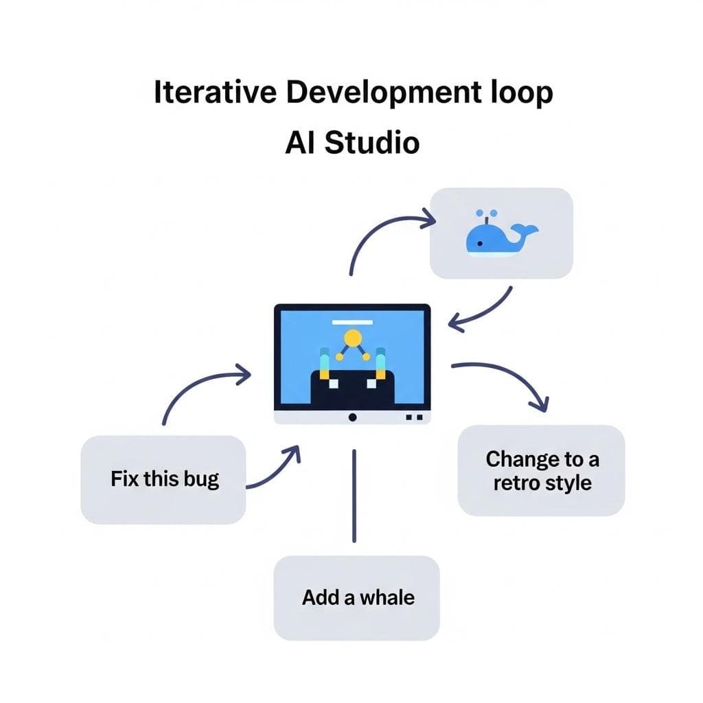 An infographic of the iterative development loop, showing how prompts for bug fixes and new features refine a central game application.