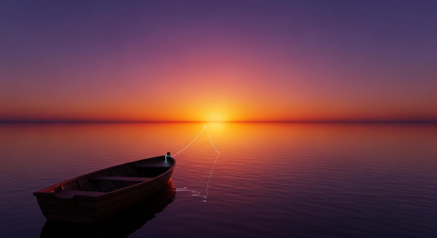 A cinematic 3D render of a small wooden boat on a calm lake at sunset, illustrating the Oklahoma fishing game concept.